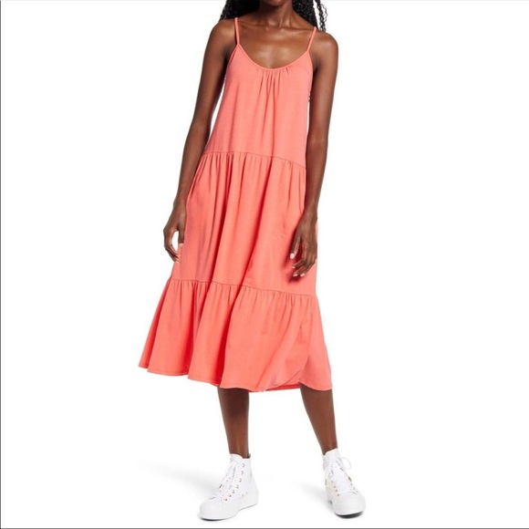 All in Favor Dresses & Skirts - All In Favor Coral Tiered Jersey Tank Midi Dress